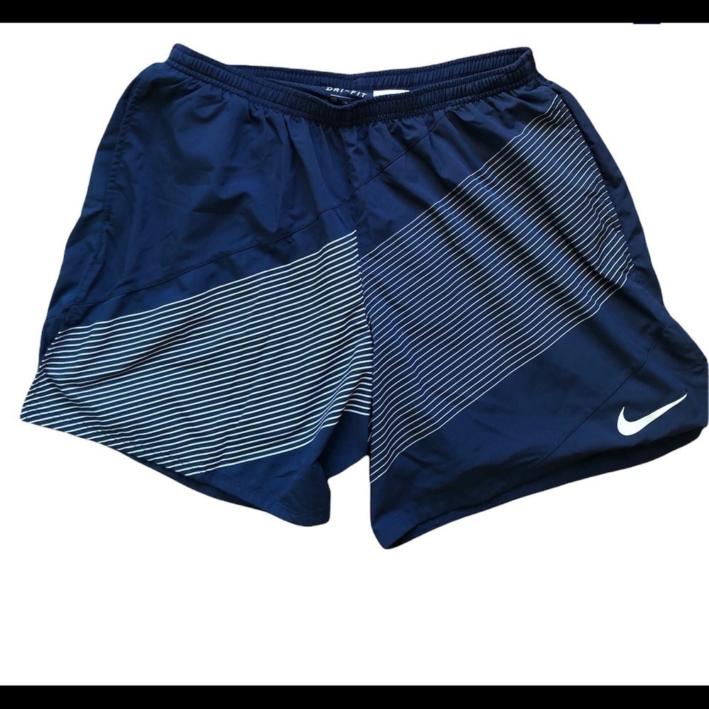 Nike Dri-Fit Mens Running Shorts W/Mesh Lining Navy White Stripes Drawstring